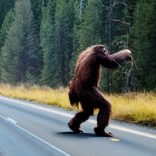 Prompt: Sasquatch tossing a tree into highway traffic