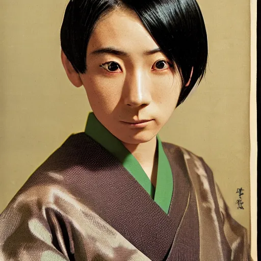 Prompt: portrait of a young androgynous japanese person with straight black hair cut at chin length with straight bangs parted over their left eye, with dark eyes and a serious facial expression, wearing a yukata with green and brown 矢 羽 模 様 pattern