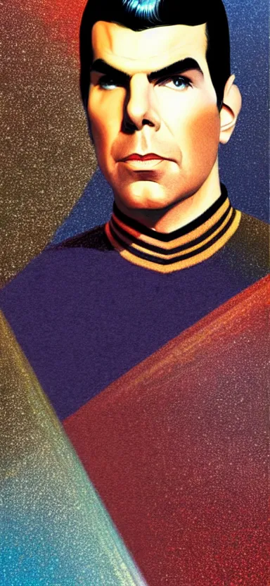 Image similar to : ZACHARY QUINTO SPOCK fanart + 70s SPRAY PAINT TEXTURE + art by J.C. LEYENDECKER + 4K UHD IMAGE + STUNNING QUALITY + CRAYON TEXTURE