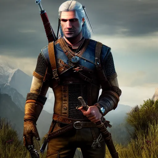 Prompt: nathan drake!!! as the witcher, the witcher 3, geralt of rivia