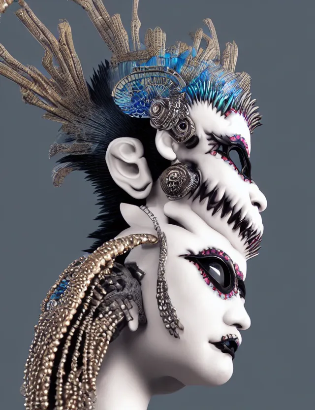 Image similar to 3 d goddess close - up profile portrait punk with mohawk with ram skull. beautiful intricately detailed japanese crow kitsune mask and clasical japanese kimono. betta fish, jellyfish phoenix, bio luminescent, plasma, ice, water, wind, creature, artwork by tooth wu and wlop and beeple and greg rutkowski