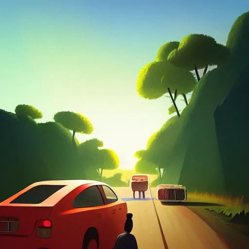 Image similar to goro fujita ilustration rear view of a car equipped with suitcases heading to the forest at sunset, painting by goro fujita, sharp focus, highly detailed, artstation