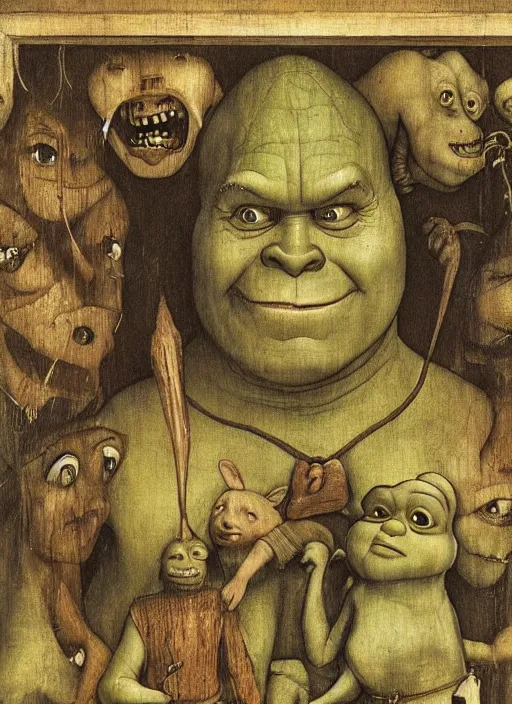 Prompt: Shrek by Hieronymus Bosch and James Jean, rule of thirds, highly detailed features, perfect symmetry, horror elements, horror theme, award winning