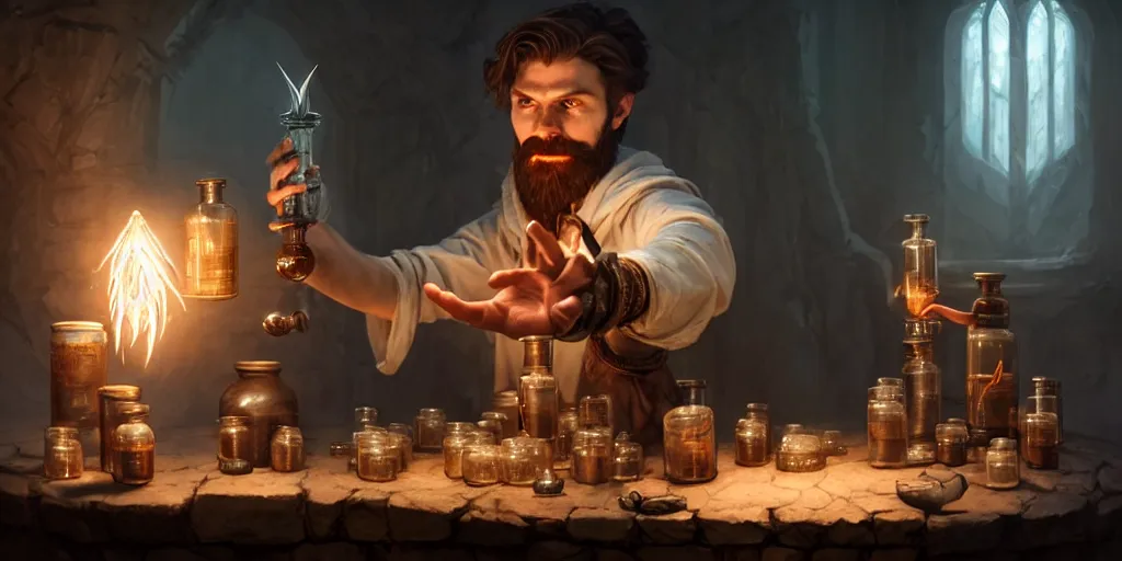 Prompt: a handsome bearded white male dark sorcerer with brown hair he is casting a spell from his hands, he is in a alchemist workshop filled with beakers and equipment, neutral pose, sharp focus, waist up, epic composition, 4 k, by greg rutkowski, rudy siswanto and anna podedworna