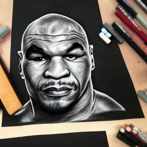 Prompt: chalk drawing of mike tyson