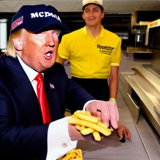 Prompt: donald trump wearing a mcdonalds uniform while working at mcdonalds