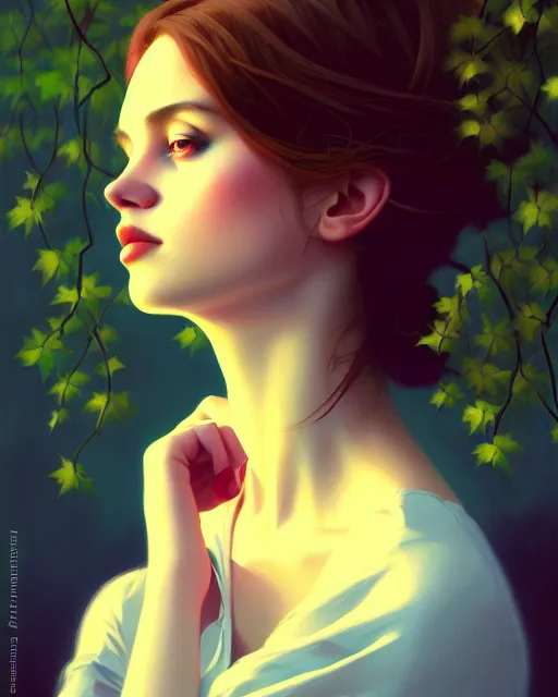 Image similar to stylized portrait of an artistic pose, composition, dark mysterious young lady, cinematic moody colors, ivy, flowers, one single head, realistic shaded, fine details, realistic shaded lighting poster by ilya kuvshinov, magali villeneuve, artgerm, jeremy lipkin and michael garmash and rob rey