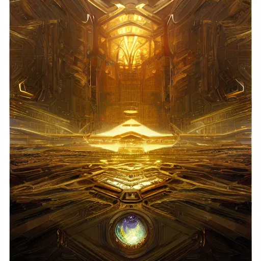 Image similar to hyper realistic golden quantum computer in the shape of a giant cube the size of a city , art by artery and Greg Rutkowski and alphonse mucha, sci-fi, fantasy, intricate, ornate, very very intimidating , highly detailed, digital painting, artstation, concept art, smooth, sharp focus, illustration