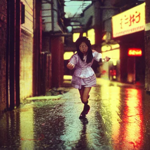 Image similar to 1990s perfect 8K HD professional cinematic photo of close-up japanese schoolgirl running in dystopian alleyway with neon signs, at evening during rain, at instagram, Behance, Adobe Lightroom, with instagram filters, depth of field, taken with polaroid kodak portra