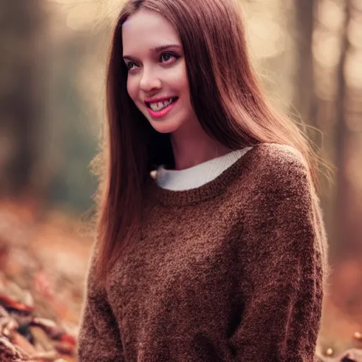 Image similar to real life photo of a beautiful girl, full body photoshoot, long brown hair, brown eyes, full round face, short smile, wool sweater, forest setting, cinematic lightning, medium shot, mid - shot, highly detailed, trending on artstation, unreal engine 4 k, 8 0 mm, 8 5 mm, cinematic wallpaper