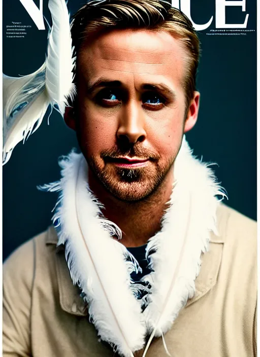 Image similar to portrait of ryan gosling with a long neck a beak and white feathers, white feather suit, natural light, sharp, detailed face, magazine, press, photo, steve mccurry, david lazar, canon, nikon, focus