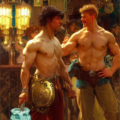 Image similar to attractive muscular arthur pendragon and muscular attractive merlin go to a pub together to have some drinks. highly detailed painting by gaston bussiere, craig mullins, j. c. leyendecker, alphonse mucha 8 k