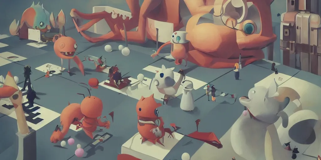 Prompt: cute anime monsters at a chess tournament by Goro Fujita and Simon Stalenhag and Kandinsky and Magritte, 8k, trending on artstation, hyper detailed, cinematic