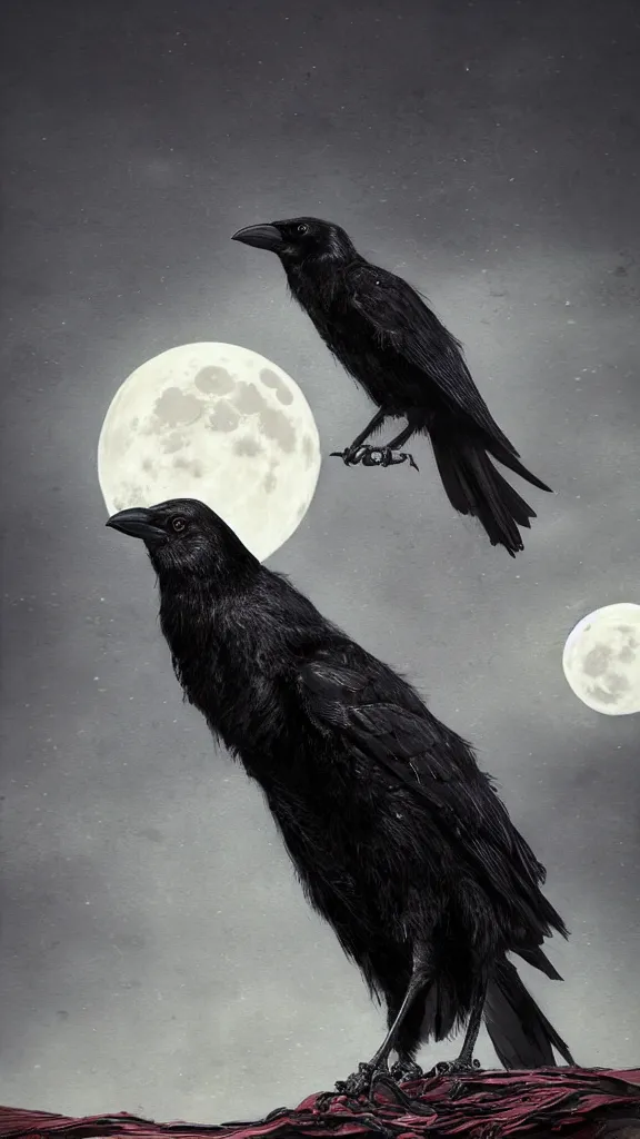 Image similar to portrait, a crow in front of the full big moon, book cover, red white and black colors, establishing shot, extremly high detail, foto realistic, cinematic lighting, by Yoshitaka Amano, Ruan Jia, Kentaro Miura, Artgerm, post processed, concept art, artstation, matte painting, style by eddie mendoza, raphael lacoste, alex ross