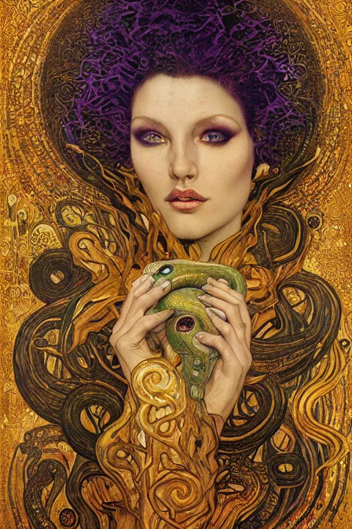 Prompt: Rebirth by Karol Bak, Jean Deville, Gustav Klimt, and Vincent Van Gogh, majestic portrait of a sacred serpent, Surreality, radiant halo, shed iridescent snakeskin, otherworldly, fractal structures, celestial, arcane, ornate gilded medieval icon, third eye, spirals