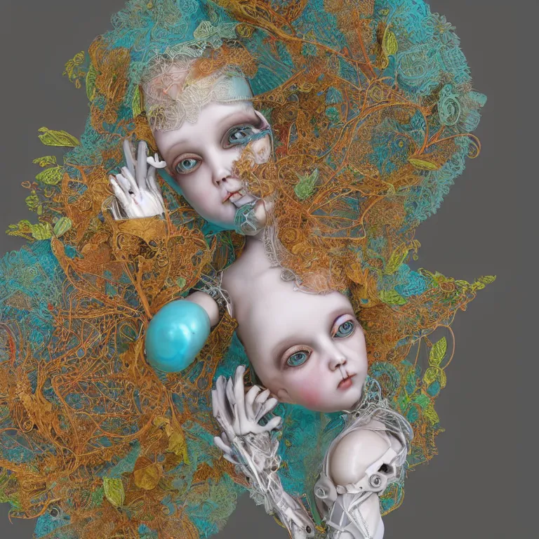 Prompt: cinema 4d colorful render, organic, ultra detailed, of a dirty painted porcelain doll, translucid. biomechanical cyborg, analog, macro lens, beautiful natural soft rim light, big leaves and stems, roots, fine foliage lace, turquoise gold details, Alexander Mcqueen high fashion haute couture, art nouveau fashion embroidered, intricate details, mesh wire, mandelbrot fractal, anatomical, facial muscles, cable wires, elegant, hyper realistic, in front of dark flower pattern wallpaper, ultra detailed, 8k post-production