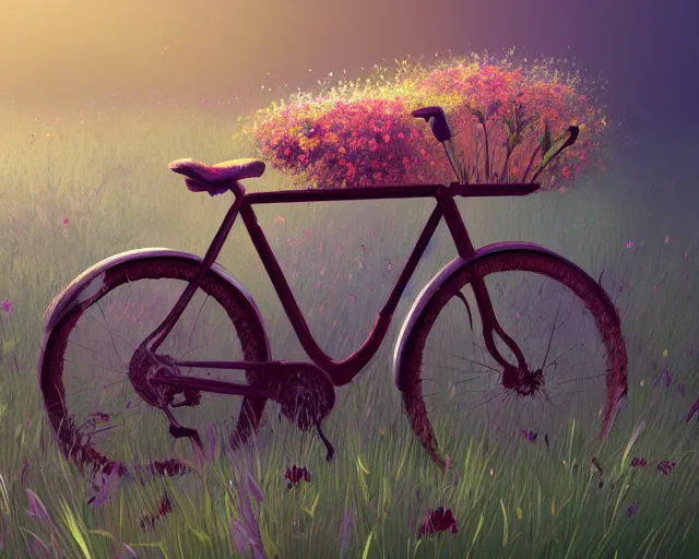 Image similar to old bicycle overgrown with weeds and flowers, sylvain sarrailh, artstation, petros afshar