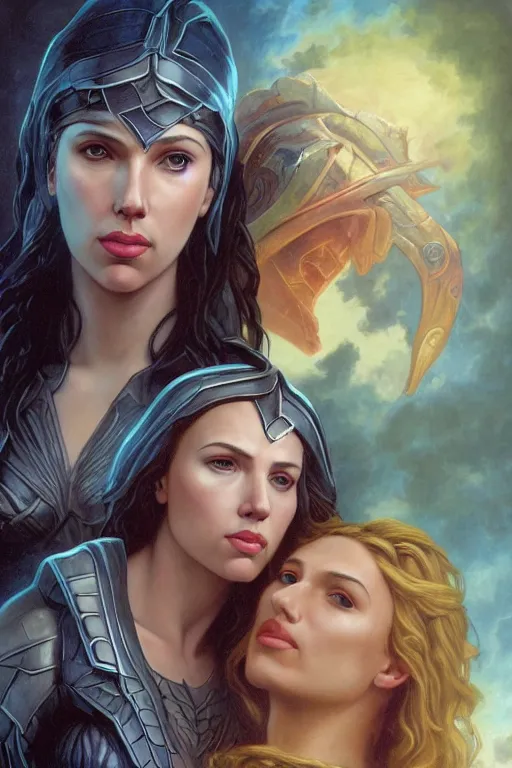 Image similar to A fantasy comic book style Oil Painting portrait of Scarlett Johansson and Gal Gadot, as Atlantean Reptilian Warriors, Mystical Valkyrie, unreal 5, DAZ, hyperrealistic, octane render, Regal, Refined, Detailed Digital Art, RPG portrait, William-Adolphe Bouguereau, Michael Cheval, Walt Disney (1937), François Boucher, Steampunk, Josephine wall, dynamic lighting, Highly Detailed, Cinematic Lighting, Unreal Engine, 8k, HD