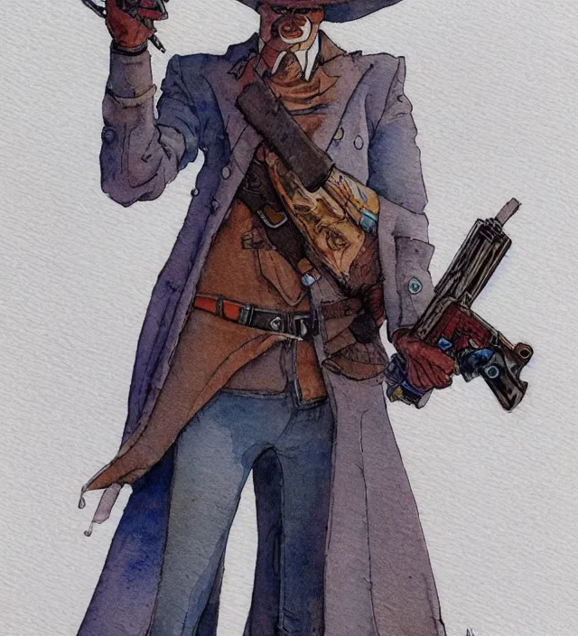 Prompt: a 3 / 4 view watercolor ink painting of an anthropomorphic bunny gunslinger posing with their revolver - rifle in the style of jean giraud in the style of moebius trending on artstation deviantart pinterest detailed realistic hd 8 k high resolution