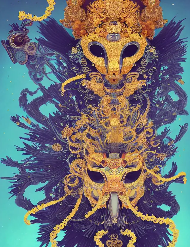 Image similar to the yey of god portrait with mask and crown made of ram skull. beautiful intricately detailed japanese crow kitsune mask and clasical japanese kimono. betta fish, jellyfish phoenix, bioluminescent, plasma, ice, water, wind, creature, super intricate ornaments artwork by tooth wu and wlop and beeple and greg rutkowski