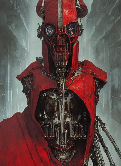 Image similar to portrait of rotten flash head adeptus mechanicus in red hood and robe from Warhammer 40000. Highly detailed, artstation, illustration by and John Blanche and zdislav beksinski and wayne barlowe