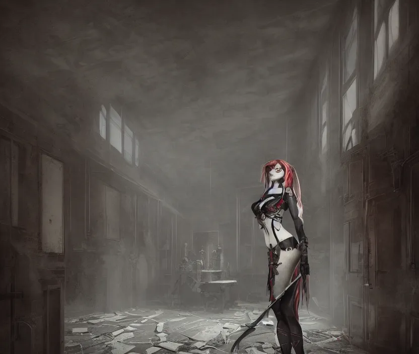 Image similar to imperial princess knight gothic girl standing on an abandoned hospital room with red ceiling lighting and several blue lights on the walls, gloomy and foggy atmosphere, octane render, artstation trending, horror scene, highly detailded