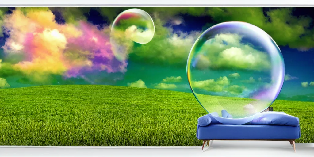 Prompt: a highly detailed 4 k photograph of the windows xp bliss wallpaper inside of a giant floating soap bubble, abstract, award winning photoshop creation h 5 7 6