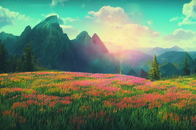 Prompt: mountain landscape in summer, flowers, trees, teal landscape, dreamy light, sunny, floating particles, complementary palette, by and jacek yerga and jesse king, pop surrealist, wiccan, unreal engine, bokeh, detailed