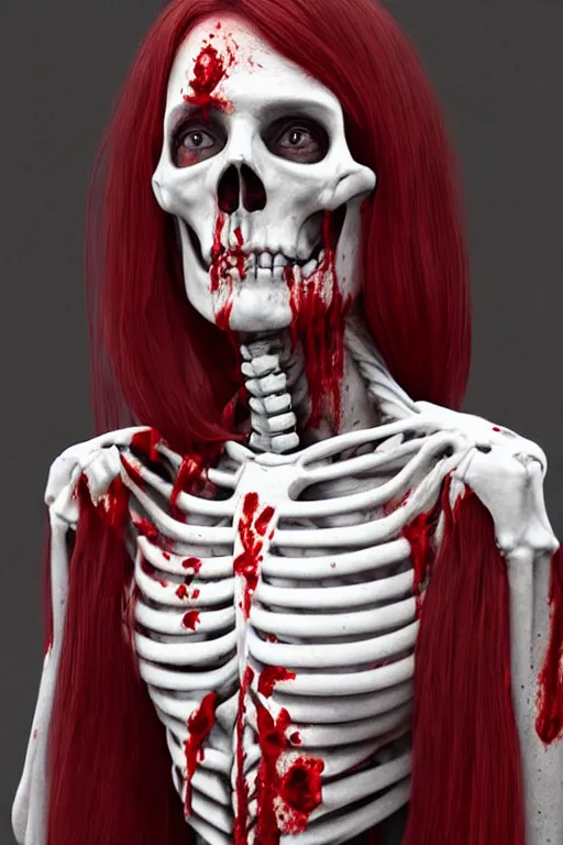 Prompt: pale woman skeleton covered with blood, rolyatistaylor face!!!, red hair, ultra realistic, concept art, intricate details, highly detailed, 4 5 mm. photorealistic, octane render, 8 k, unreal engine. film still, heavy grain, 3 5 mm, art by artgerm and greg rutkowski and alphonse mucha