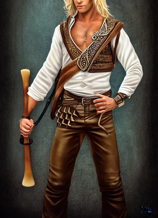 Image similar to a male ranger with a bongo drum and holding nunchaku, wearing a leather vest and white linen pants, chiseled good looks, long swept back blond hair, puka shell necklace, dnd, digital art