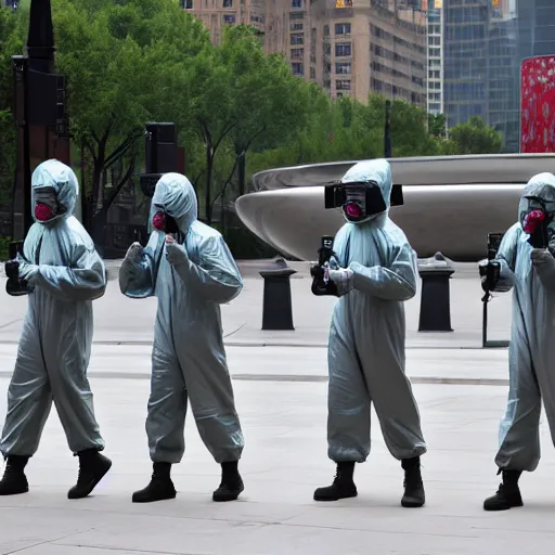 Image similar to chinese soldiers in hazmat suits with grey skies carrying machine guns, cloud gate chicago