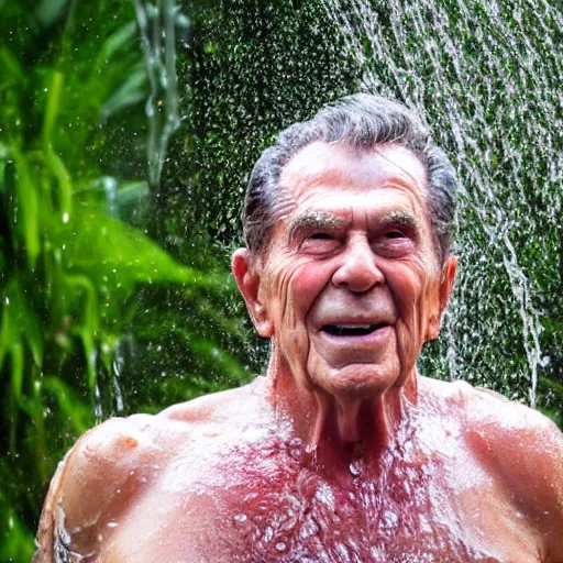 Prompt: 4 k hdr full body wide angle sony portrait of two ronald reagans showering in a tropical bali jungle shower with moody stormy overcast lighting