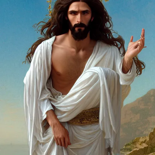 Image similar to a ridiculously good looking jesus that looks like a gigachad, long curly hair, elegant ancient greek dress, very detailed, coast as the background, beautiful, intricate, cinematic, artstation, william bouguereau, alphonse mucha, greg rutkowski, rossdraws, octane render