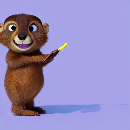 Image similar to cute anthro brown marmot in a suit while holding a pencil, cartoon, digital art, 3 d rendered in octane, pixar character, blender, maya, shadows, lighting