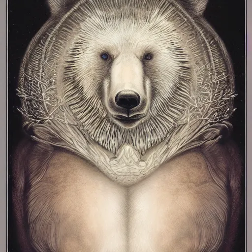 Prompt: bear rabbit hybrid character portrait by jean delville, tom bagshaw, brooke shaden, gustave dore and marco mazzoni, studio ghibli style, porcelain, histological, artificial intelligence, ebony, ivory, geologycal strata, organic, detailed fur, intricate details