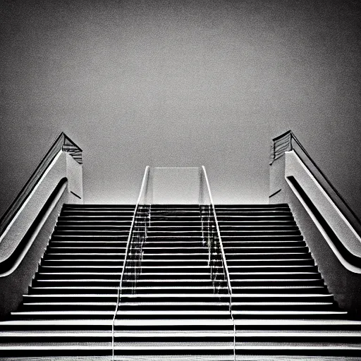 Image similar to black and white surreal photograph, highly detailed vast space made of stairsteps, sideview, detailed textures, natural light, mist, architecture photography, film grain, soft vignette, sigma 1 4 mm f / 1. 4 1 / 1 0 sec shutter, imax 7 0 mm footage