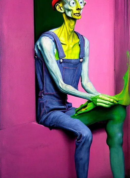 Image similar to a skinny, starving artist wearing overalls, painting the walls inside a grand ornate cathedral, hauntingly surreal, highly detailed painting by francis bacon, edward hopper, adrian ghenie, gerhard richter, and james jean, soft light 4 k in pink, green and blue colour palette