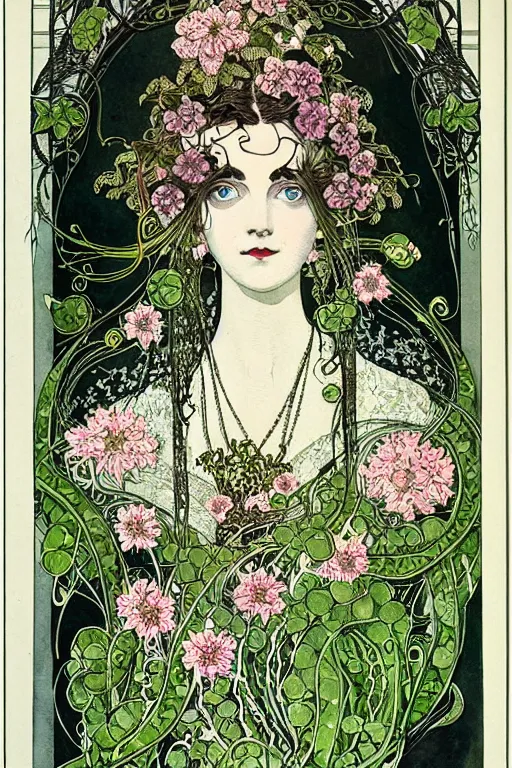Prompt: centered detailed front view portrait of a victorian beautiful woman with ornate flowers growing around, inside a vine frame ornamentation, flowers, elegant, dark and gothic, full frame, art by kay nielsen and walter crane, illustration style, watercolor