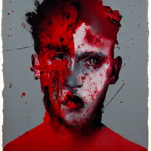 Image similar to matte portrait of a depressed young man covered in blood, by Antony Micallef, minimalist cubism