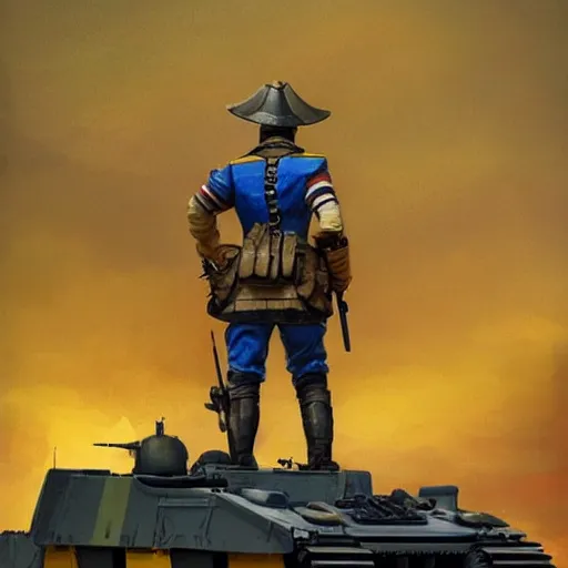 Image similar to a full body shot from distance from behind of a great soldier with a yellow and blue flag standing on a Russian tank in triumph after battle, western, masculine figure, D&D, fantasy, intricate, elegant, highly detailed, digital painting, artstation, concept art, matte, sharp focus, symmetrical, illustration, art by Artgerm and Greg Rutkowski and Alphonse Mucha