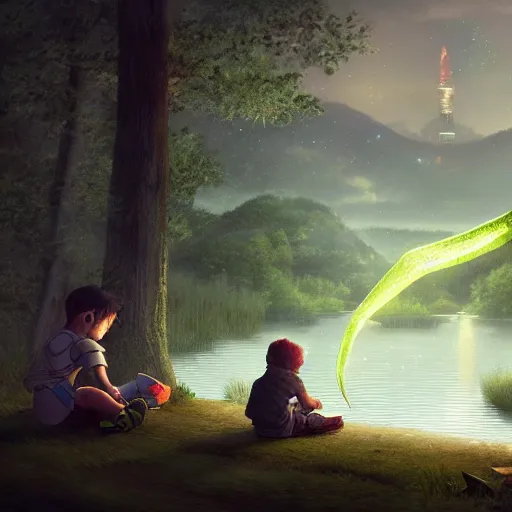 Image similar to a silver dragon and a boy sitting together next to a lake watching firefly at night in forest, concept art, dof, cryengine, digital art, detailed background, makoto shinkai