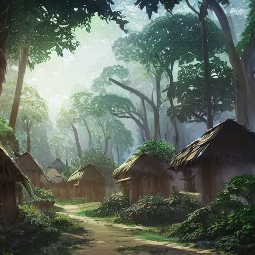 Image similar to concept art painting of a forest village with houses made of trees and roots, houses inside trees, vines, deep forest, realistic, detailed, cel shaded, in the style of makoto shinkai and greg rutkowski and james gurney