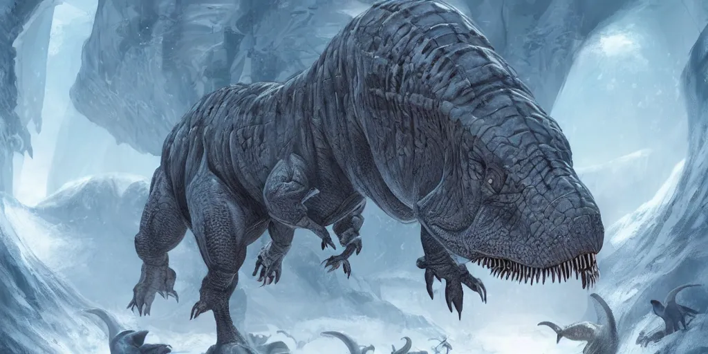 Image similar to dinosaurs encased in ice, concept art, digital illustration, trending on artstation, deviantart, artgerm, epic composition, masterpiece, highly detailed, advanced technique, ambient lighting, wlop, ross draws