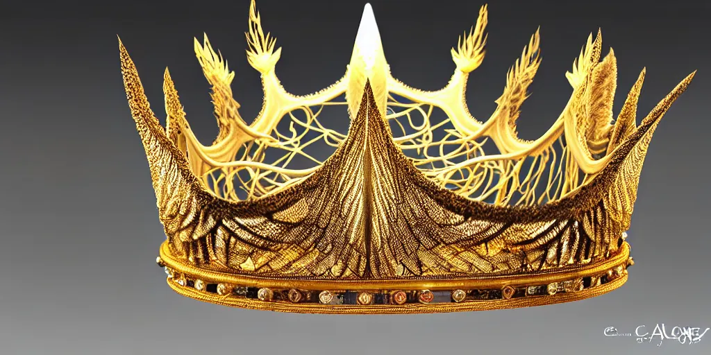 Prompt: elegant king's crown made of wings professionally lit on a display table, delicate, fantasy, intricate, elegant, dramatic lighting, emotionally evoking symbolic metaphor, highly detailed, lifelike, photorealistic, digital painting, artstation, concept art, smooth, sharp focus, illustration, art by John Collier and Albert Aublet and Krenz Cushart and Artem Demura and Alphonse Mucha