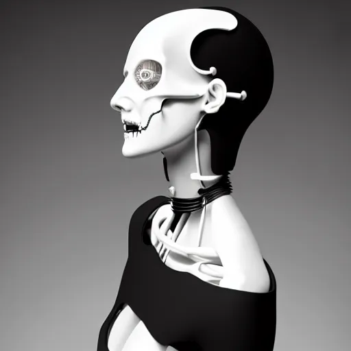 Image similar to black and white dreamy foggy smoky profile face portrait, single skeletal biomechanical beautiful young female cyclops - cyborg - robot bust, body ribs meshes, ray - traced, volumetric light, rim light, by dora maar and cecile beaton, big gothic fashion pearl embroidered collar, 8 k