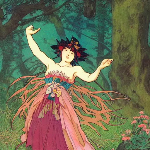 Prompt: a young fairy dancing in the forest, yoshitoshi abe, yuya nagai, Ilya Kuvshinov, murata range, jean giraud, makoto shinkai,rembrandt, japanese, kawaii, sketch, alphonse mucha, vibrant colors, matte print, high saturation, detailed, octane renderer, 1980s