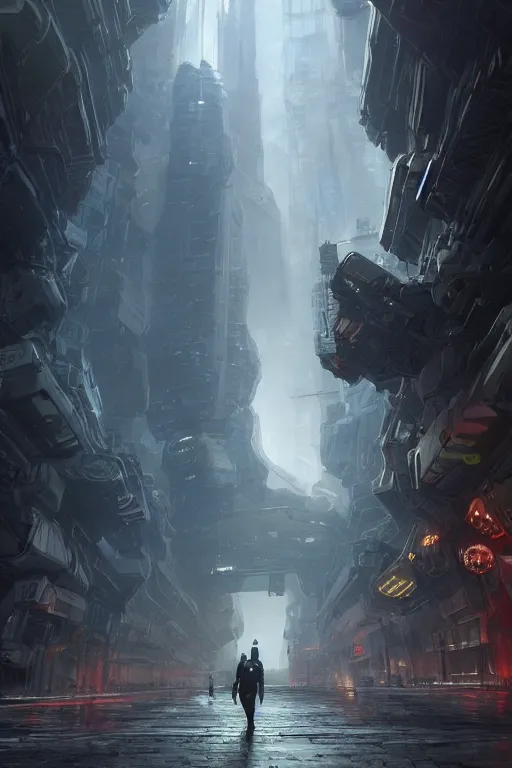 Prompt: ultra-detailed painting of a brooding superhero walking through the futuristic alien city, highly detailed, digital painting, artstation, concept art, smooth, surrounded by a futuristic fantasy background, sharp focus, illustration, art, masterpiece by greg rutkowski and stephan martiniere