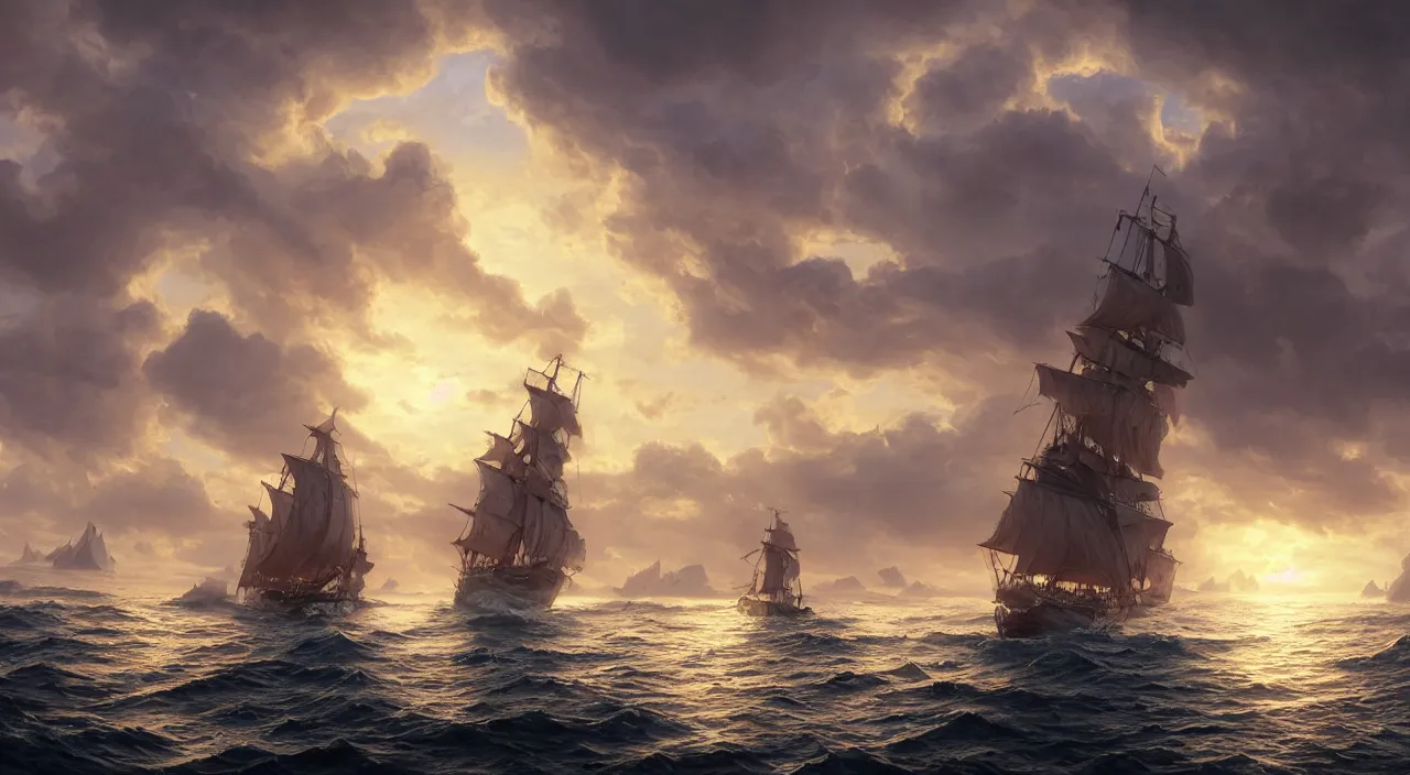 Prompt: hyper realistic detailed matte painting of galleon sailing towards the rising sun, calm ocean, sunset lighting, cloudless sky, hyperdetailed unreal engine 8 k ultra hd, stanley artgerm lau, rossdraws, james jean marc simonetti ruan jia and mandy jurgens and artgerm and william illustration, digital art, concept art