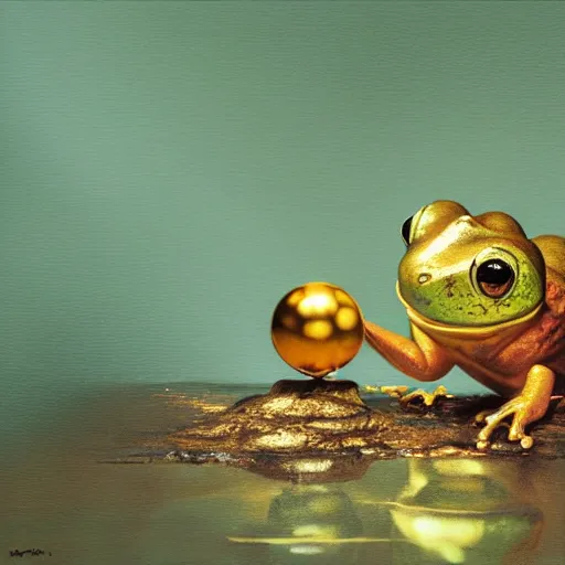 Image similar to long shot of a cute frog playing with golden metal balls, by esao andrews, by m. w. kaluta, volumetric light, rich colors, very humorous oil painting, realistic reflections, smooth, concept art, depth perception, high depth of field, 4 k, unreal engine 5, ultradetailed, hyperrealistic, artstation