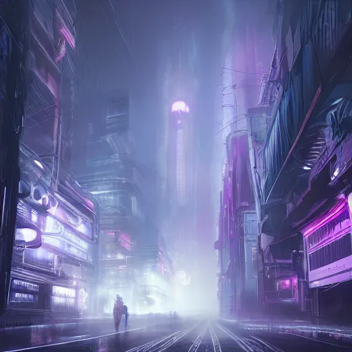 Image similar to ghostpunk futuristic city view by eddie mendoza and greg rutkowsi, purple glow, rain, foggy, dark, moody, volumetric lighting, abandoned, 8 k
